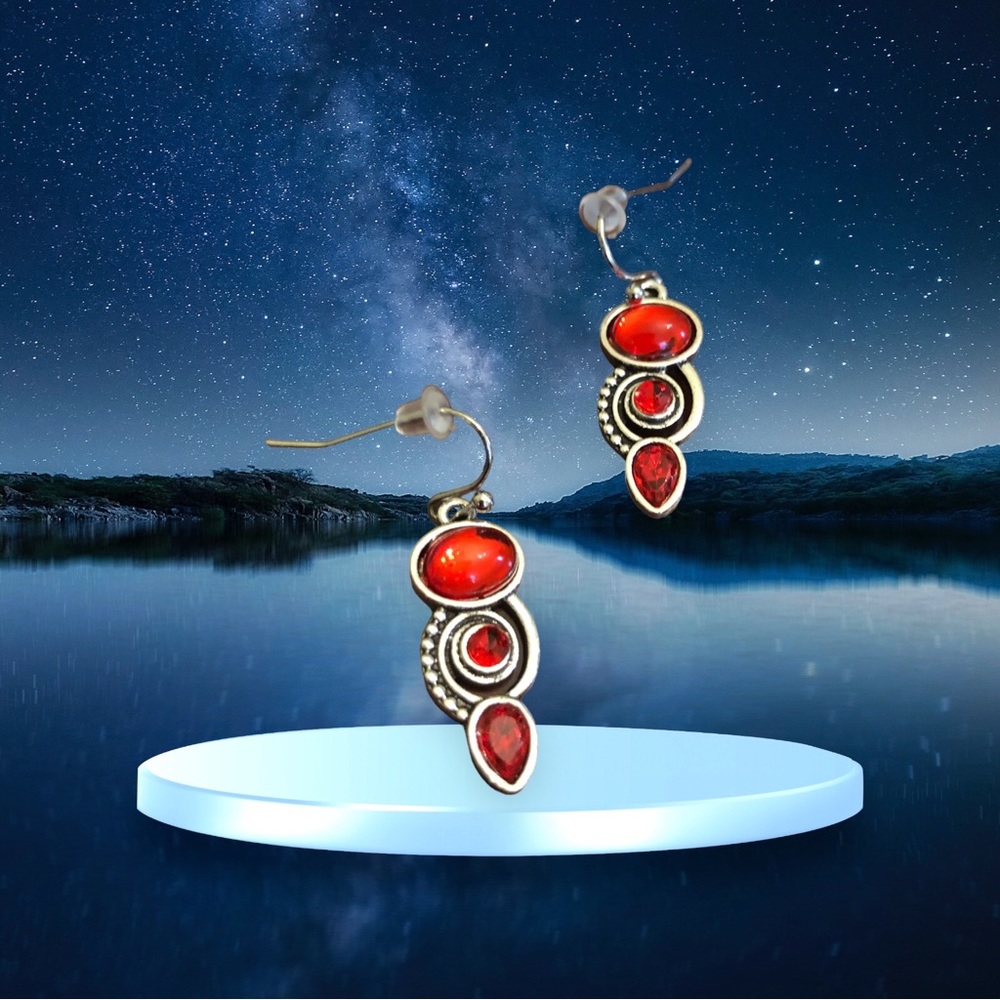 Yaomiao Crystal Dangle Oval/Circle/Water Drop Earrings Women's Red/Silver - Picture 6 of 6